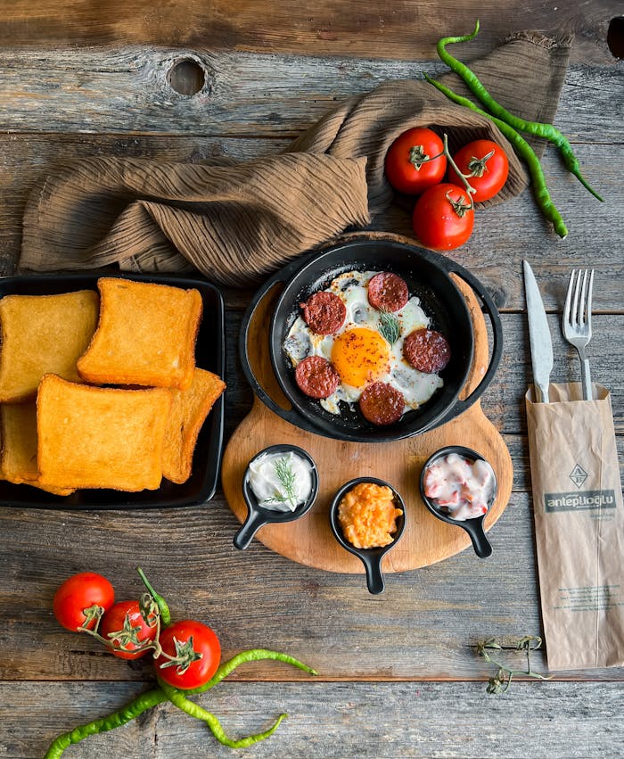 services-04 Top-down view of a hearty breakfast with fried eggs and toast, perfect for food enthusiasts.