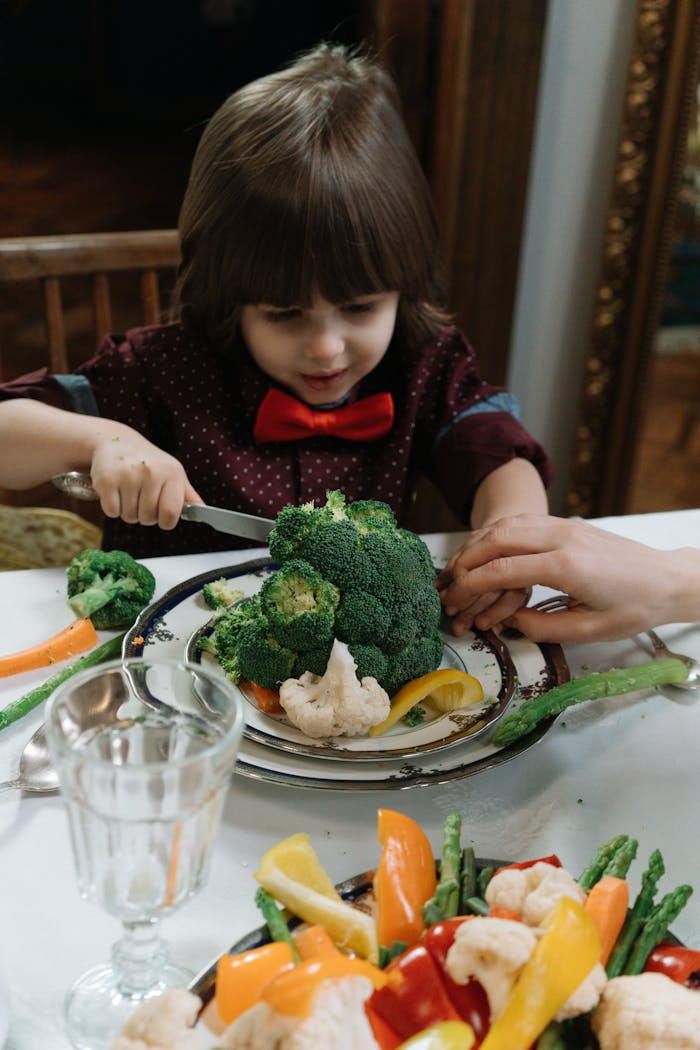 services-01 Young boy with bowtie delightfully eating a meal of fresh vegetables, emphasizing wholesome childhood dining.